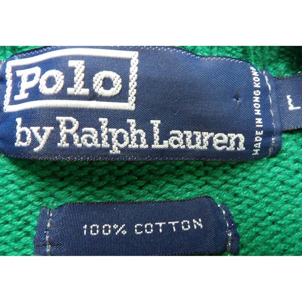 VTG Polo Ralph Lauren Crewneck Sweater Heavy Cotton Knit Men Large Green Pony 90